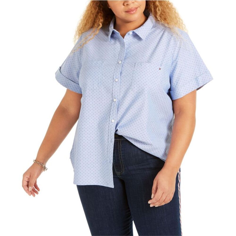 Tommy Hilfiger Womens Pin Dot Camp Button Up Shirt, , Plus Size, 1X, DM